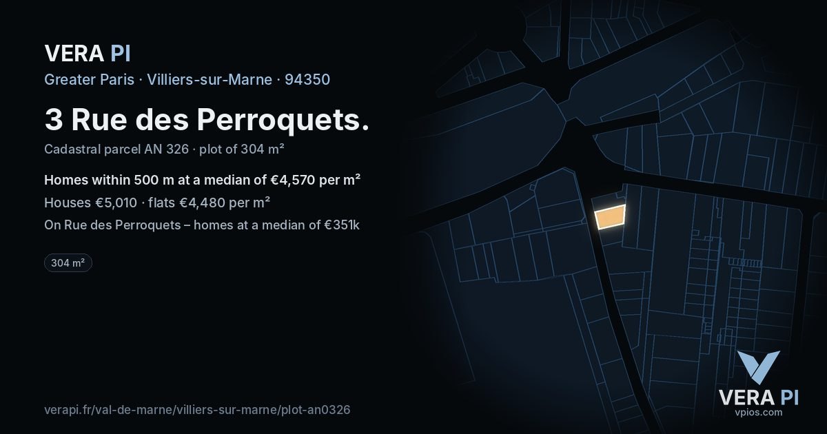 3 Rue des Perroquets, Villiers-sur-Marne at night – the plot lit, the parcels around coloured by the prices near them