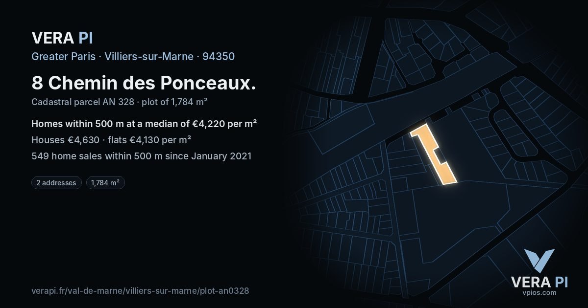8 Chemin des Ponceaux, Villiers-sur-Marne at night – the plot lit, the parcels around coloured by the prices near them