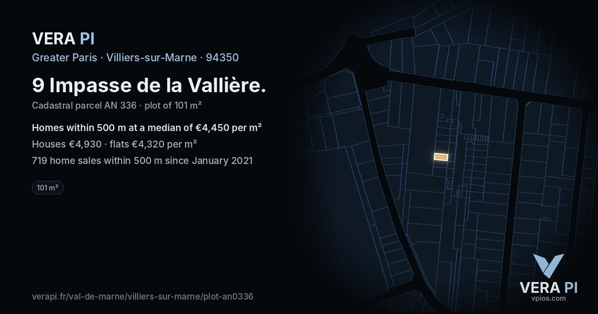 9 Impasse de la Vallière, Villiers-sur-Marne at night – the plot lit, the parcels around coloured by the prices near them