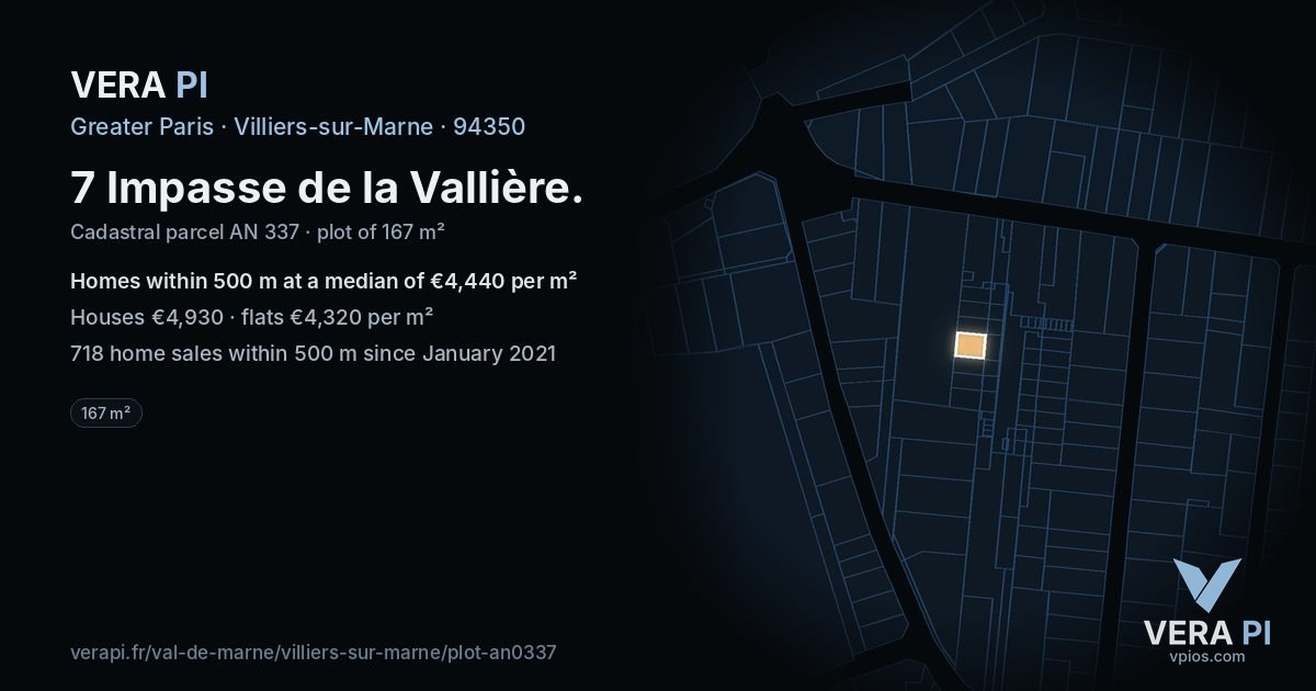 7 Impasse de la Vallière, Villiers-sur-Marne at night – the plot lit, the parcels around coloured by the prices near them