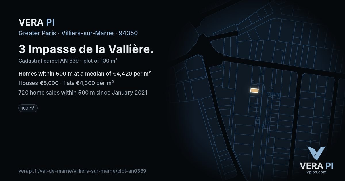 3 Impasse de la Vallière, Villiers-sur-Marne at night – the plot lit, the parcels around coloured by the prices near them