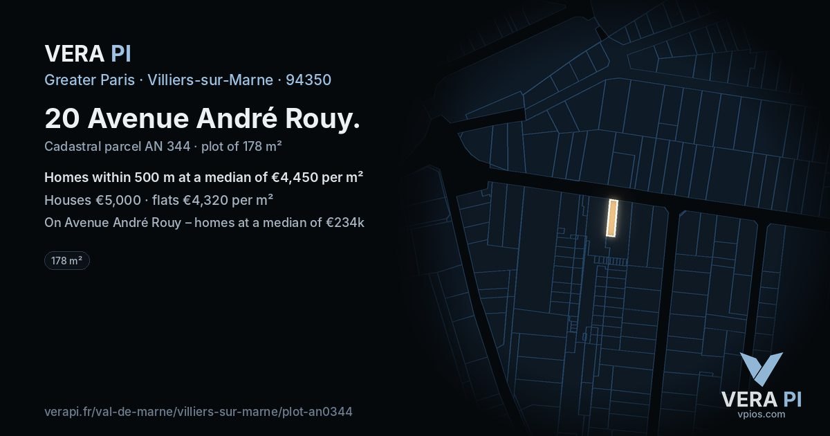 20 Avenue André Rouy, Villiers-sur-Marne at night – the plot lit, the parcels around coloured by the prices near them