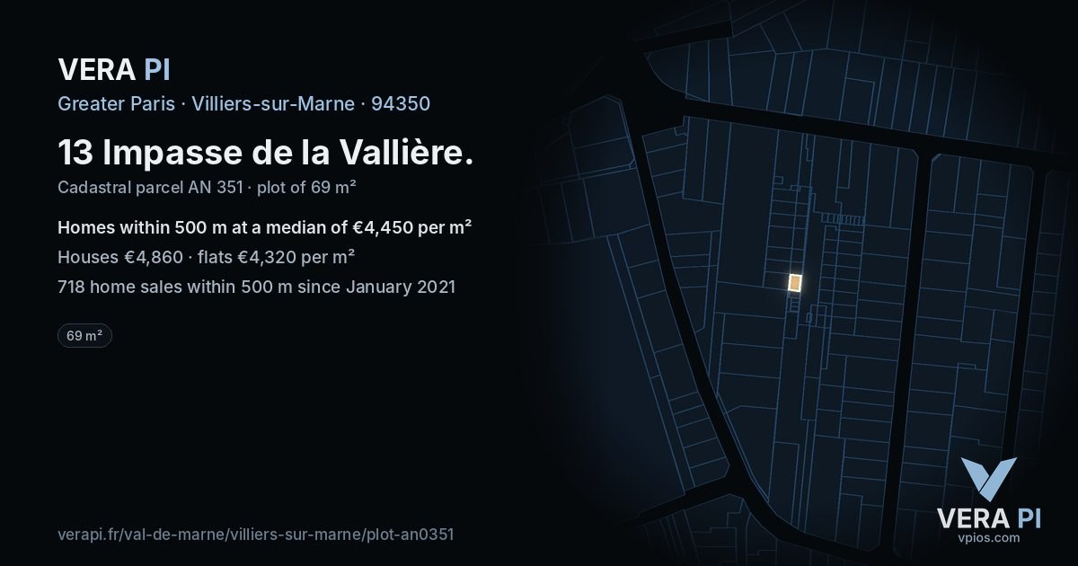 13 Impasse de la Vallière, Villiers-sur-Marne at night – the plot lit, the parcels around coloured by the prices near them