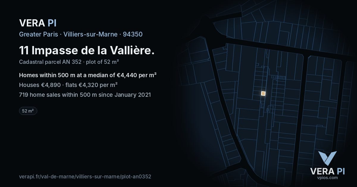 11 Impasse de la Vallière, Villiers-sur-Marne at night – the plot lit, the parcels around coloured by the prices near them