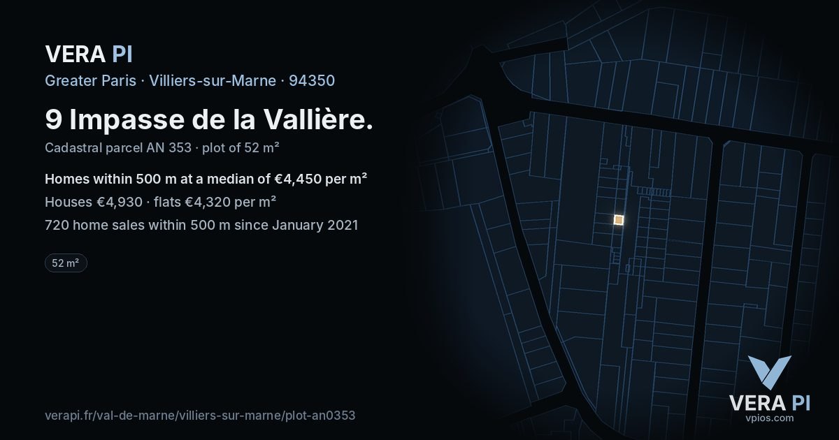 9 Impasse de la Vallière, Villiers-sur-Marne at night – the plot lit, the parcels around coloured by the prices near them