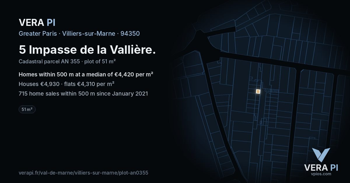 5 Impasse de la Vallière, Villiers-sur-Marne at night – the plot lit, the parcels around coloured by the prices near them