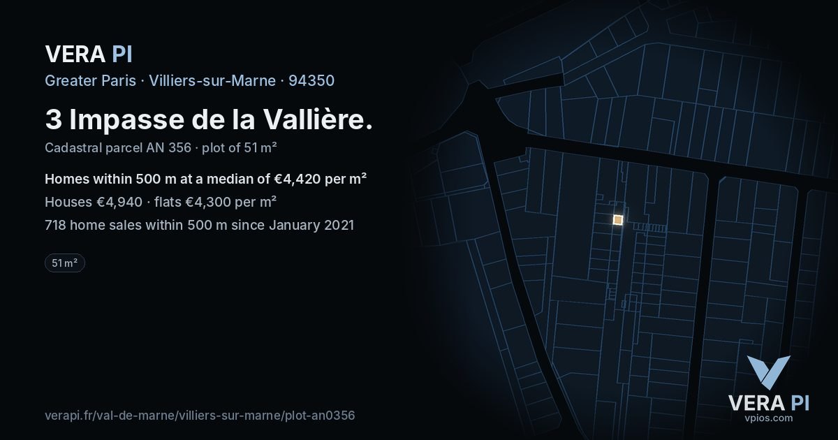 3 Impasse de la Vallière, Villiers-sur-Marne at night – the plot lit, the parcels around coloured by the prices near them