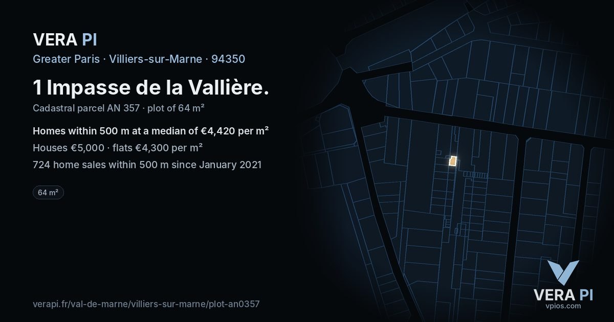1 Impasse de la Vallière, Villiers-sur-Marne at night – the plot lit, the parcels around coloured by the prices near them