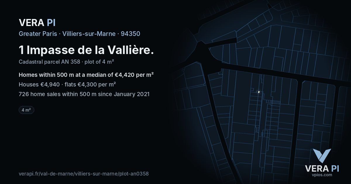 1 Impasse de la Vallière, Villiers-sur-Marne at night – the plot lit, the parcels around coloured by the prices near them
