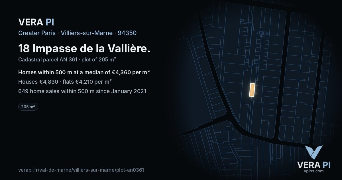 18 Impasse de la Vallière, Villiers-sur-Marne at night – the plot lit, the parcels around coloured by the prices near them