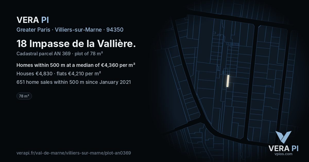 18 Impasse de la Vallière, Villiers-sur-Marne at night – the plot lit, the parcels around coloured by the prices near them