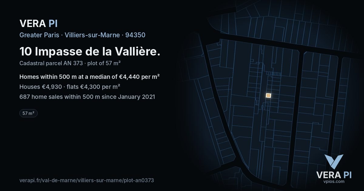 10 Impasse de la Vallière, Villiers-sur-Marne at night – the plot lit, the parcels around coloured by the prices near them