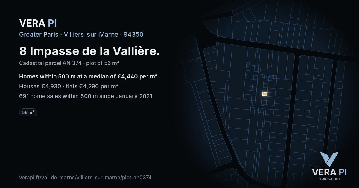 8 Impasse de la Vallière, Villiers-sur-Marne at night – the plot lit, the parcels around coloured by the prices near them