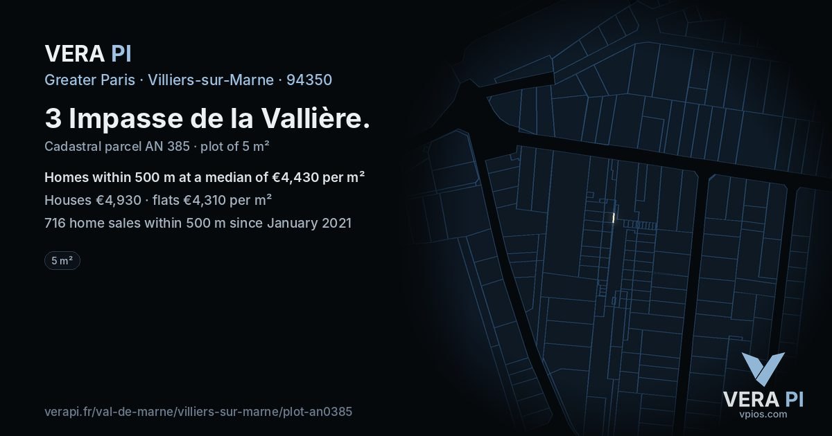 3 Impasse de la Vallière, Villiers-sur-Marne at night – the plot lit, the parcels around coloured by the prices near them