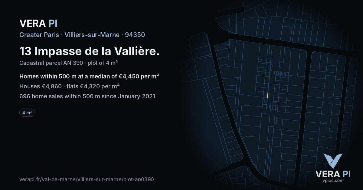 13 Impasse de la Vallière, Villiers-sur-Marne at night – the plot lit, the parcels around coloured by the prices near them