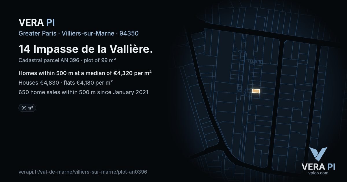 14 Impasse de la Vallière, Villiers-sur-Marne at night – the plot lit, the parcels around coloured by the prices near them