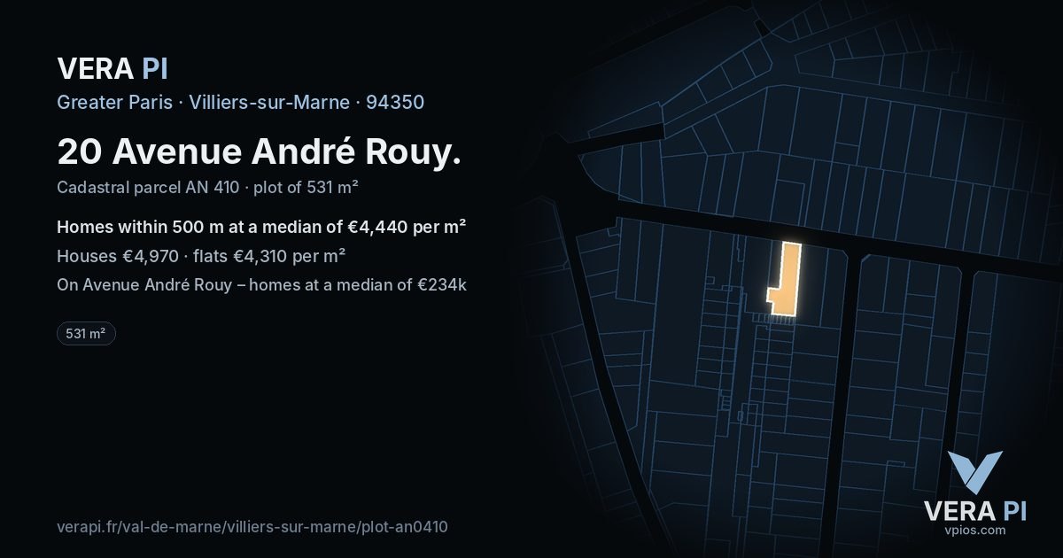 20 Avenue André Rouy, Villiers-sur-Marne at night – the plot lit, the parcels around coloured by the prices near them