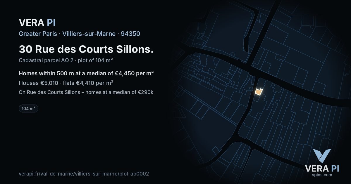 30 Rue des Courts Sillons, Villiers-sur-Marne at night – the plot lit, the parcels around coloured by the prices near them