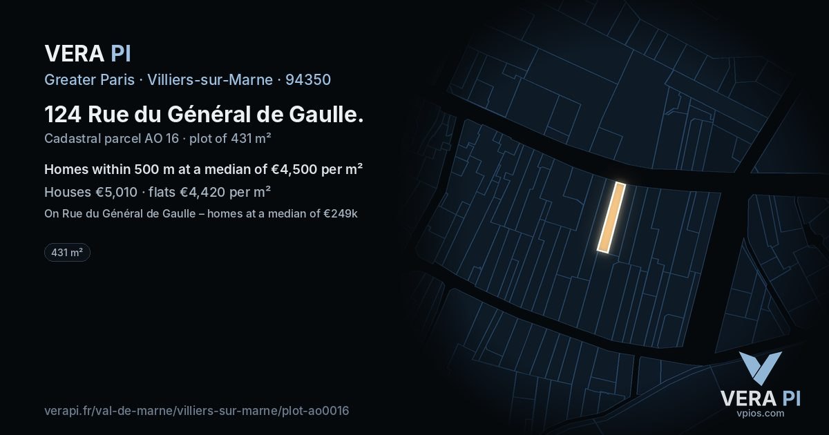 124 Rue du Général de Gaulle, Villiers-sur-Marne at night – the plot lit, the parcels around coloured by the prices near them