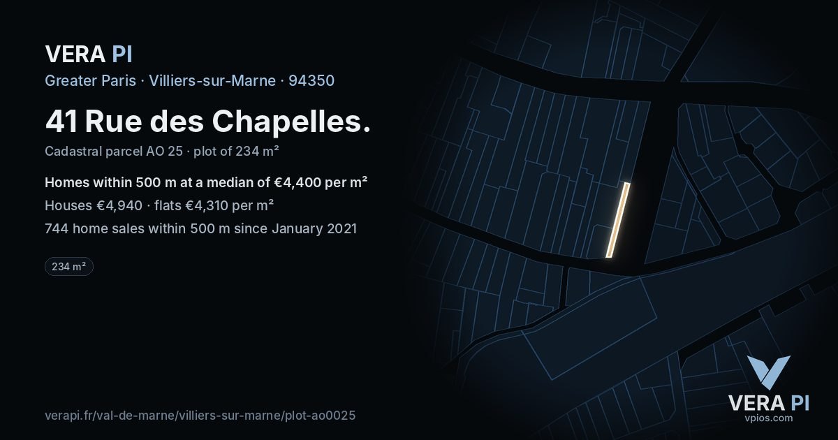 41 Rue des Chapelles, Villiers-sur-Marne at night – the plot lit, the parcels around coloured by the prices near them