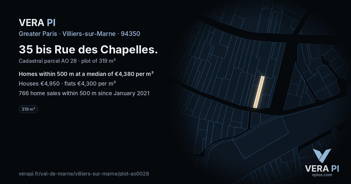 35 bis Rue des Chapelles, Villiers-sur-Marne at night – the plot lit, the parcels around coloured by the prices near them