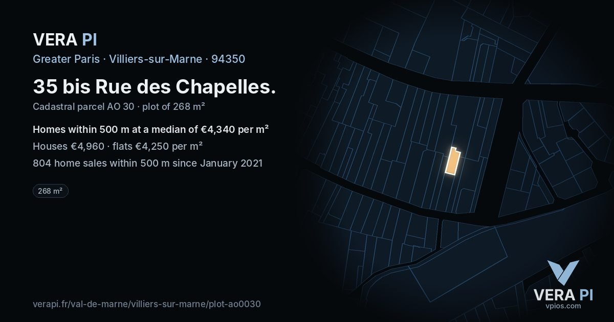 35 bis Rue des Chapelles, Villiers-sur-Marne at night – the plot lit, the parcels around coloured by the prices near them
