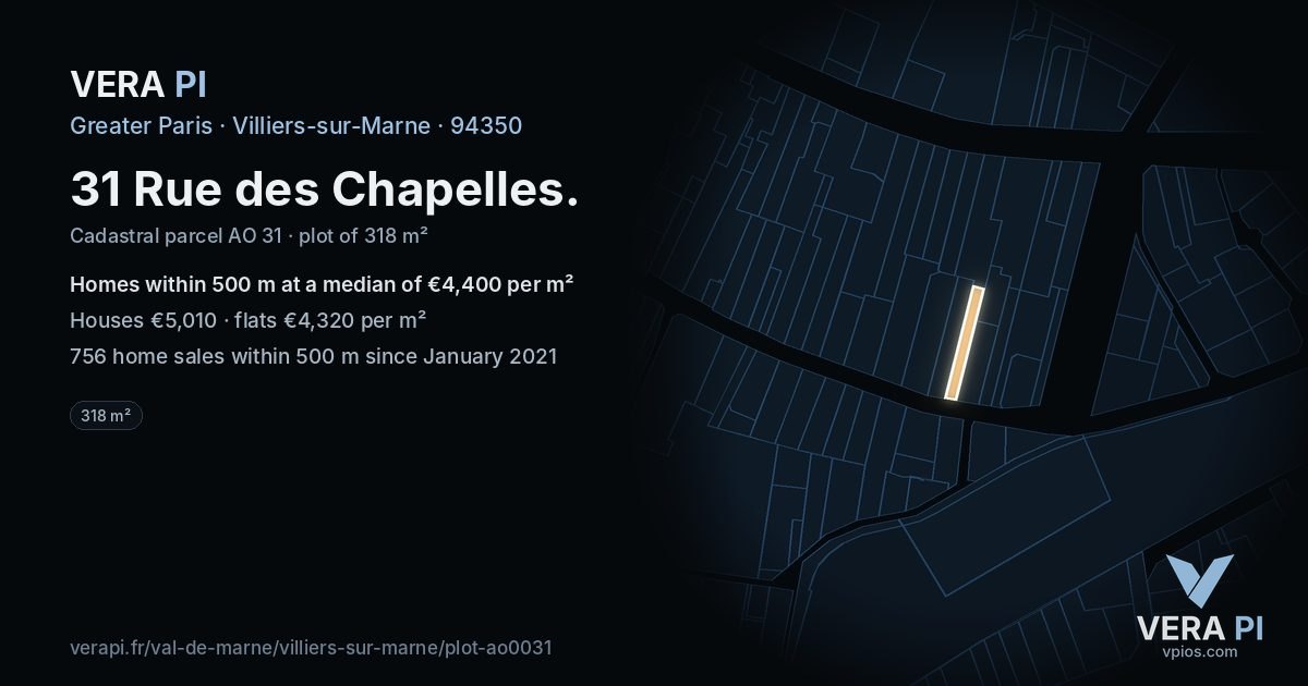 31 Rue des Chapelles, Villiers-sur-Marne at night – the plot lit, the parcels around coloured by the prices near them