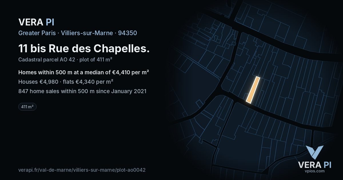 11 bis Rue des Chapelles, Villiers-sur-Marne at night – the plot lit, the parcels around coloured by the prices near them