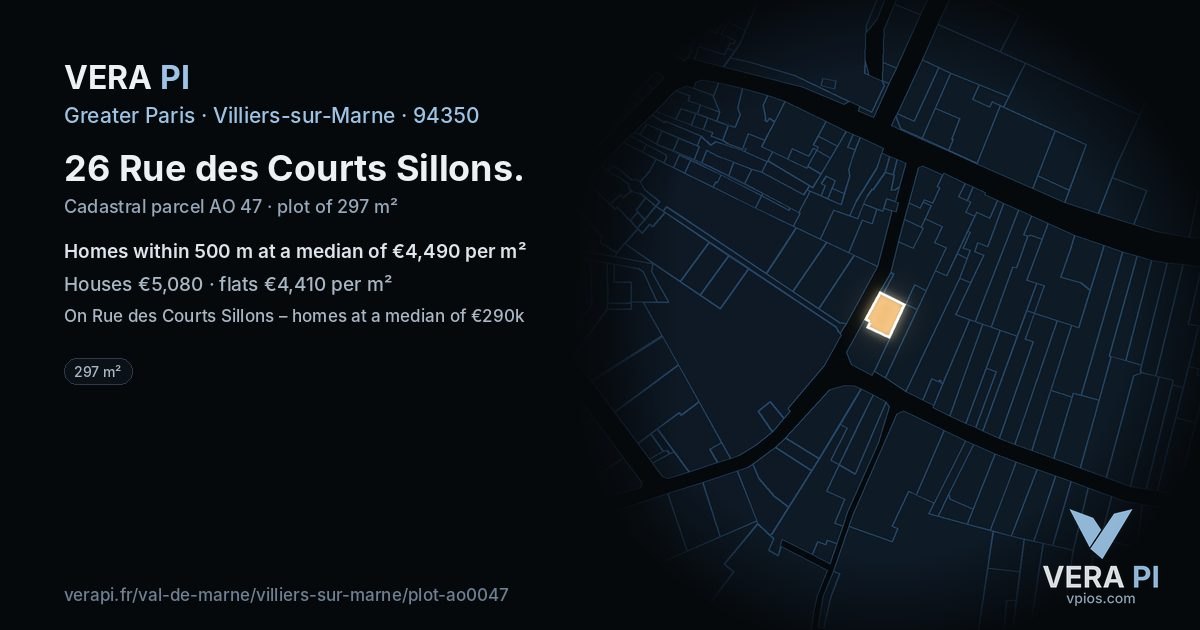 26 Rue des Courts Sillons, Villiers-sur-Marne at night – the plot lit, the parcels around coloured by the prices near them
