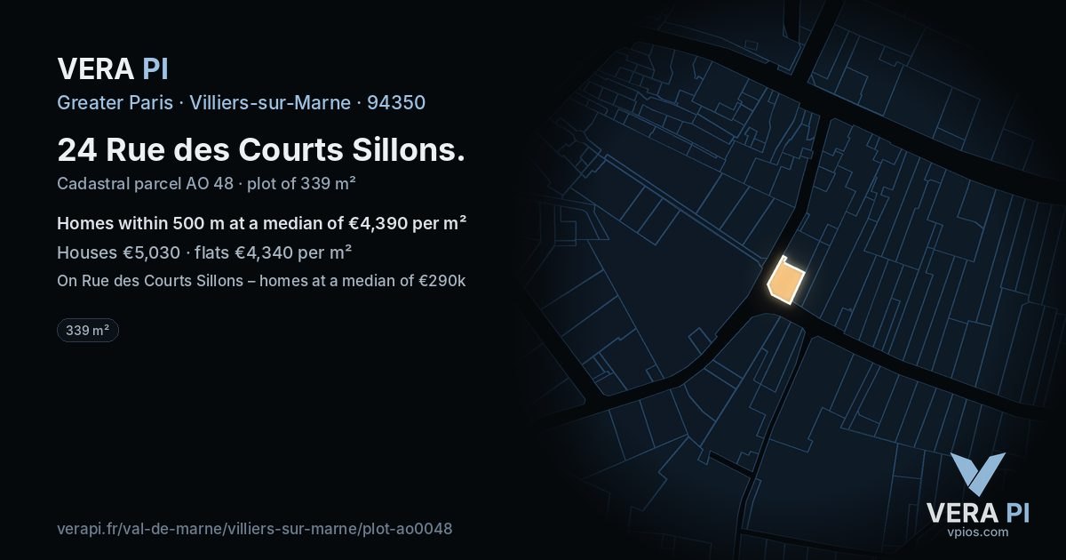 24 Rue des Courts Sillons, Villiers-sur-Marne at night – the plot lit, the parcels around coloured by the prices near them