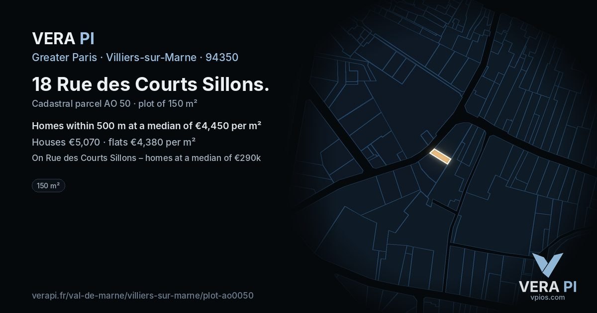 18 Rue des Courts Sillons, Villiers-sur-Marne at night – the plot lit, the parcels around coloured by the prices near them