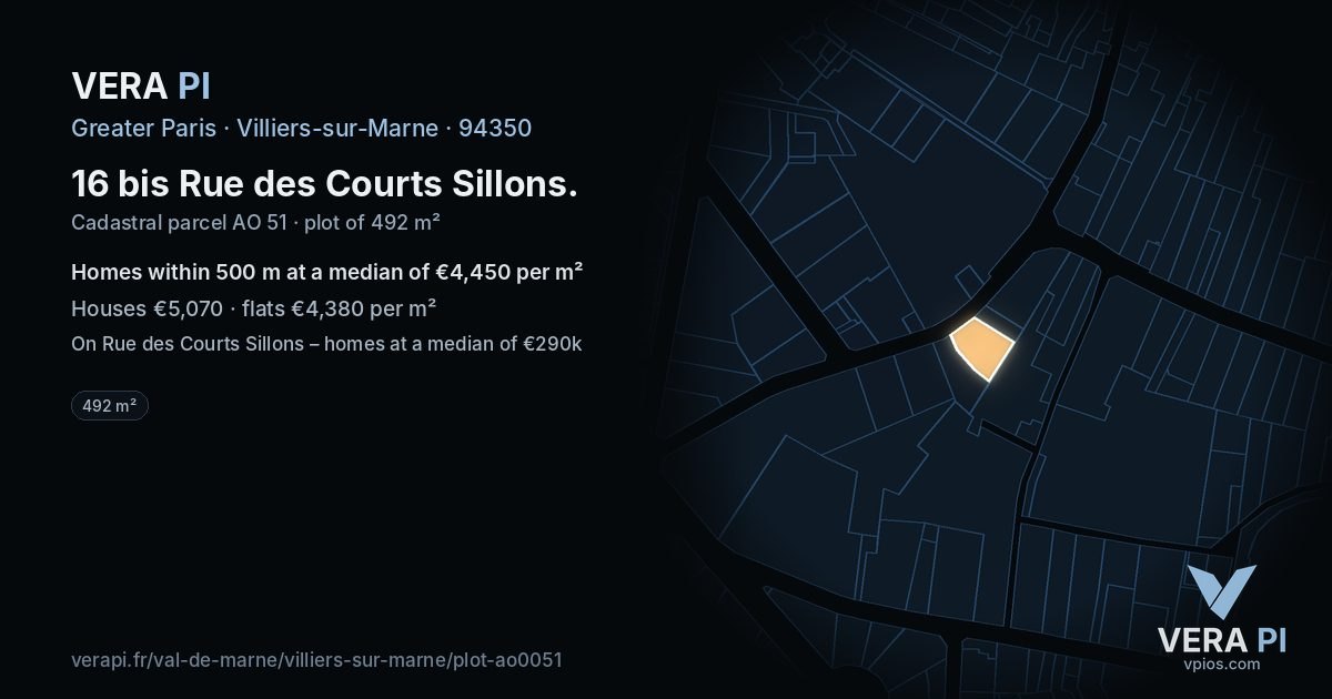 16 bis Rue des Courts Sillons, Villiers-sur-Marne at night – the plot lit, the parcels around coloured by the prices near them