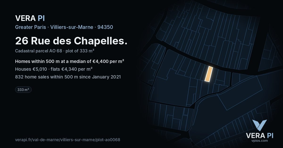 26 Rue des Chapelles, Villiers-sur-Marne at night – the plot lit, the parcels around coloured by the prices near them