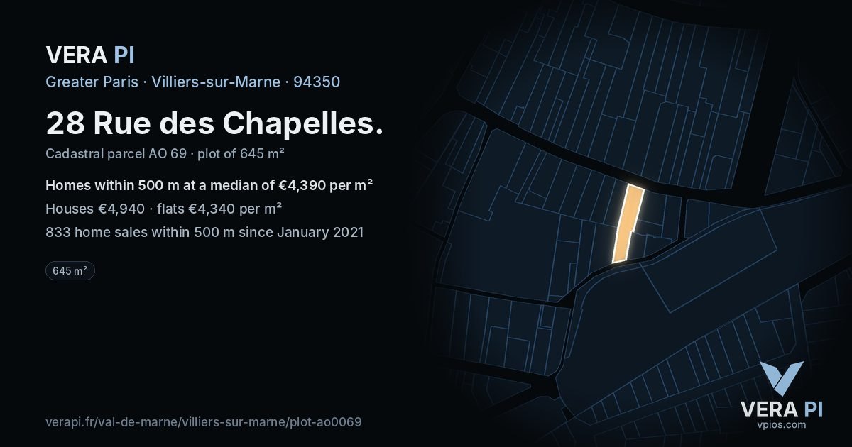 28 Rue des Chapelles, Villiers-sur-Marne at night – the plot lit, the parcels around coloured by the prices near them