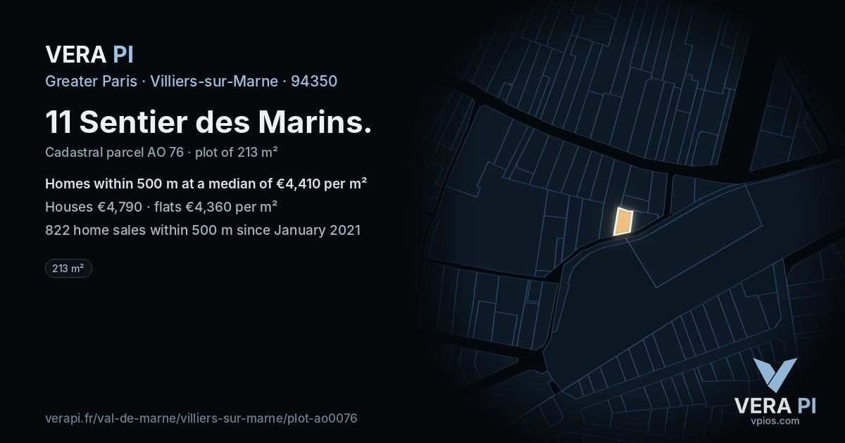 11 Sentier des Marins, Villiers-sur-Marne at night – the plot lit, the parcels around coloured by the prices near them