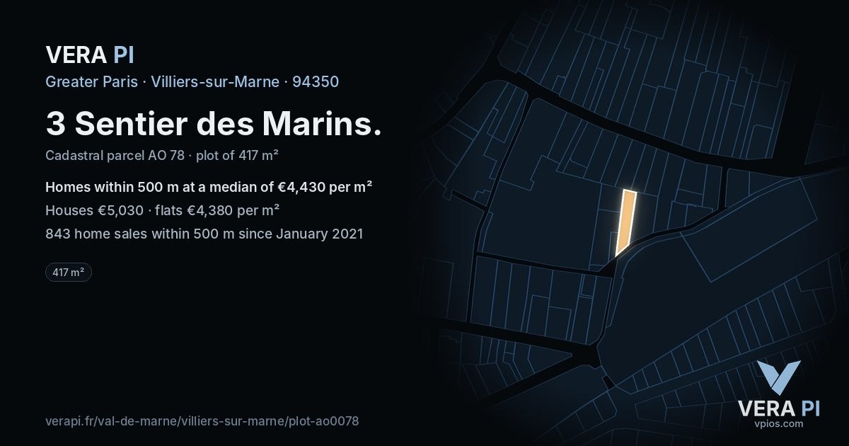 3 Sentier des Marins, Villiers-sur-Marne at night – the plot lit, the parcels around coloured by the prices near them