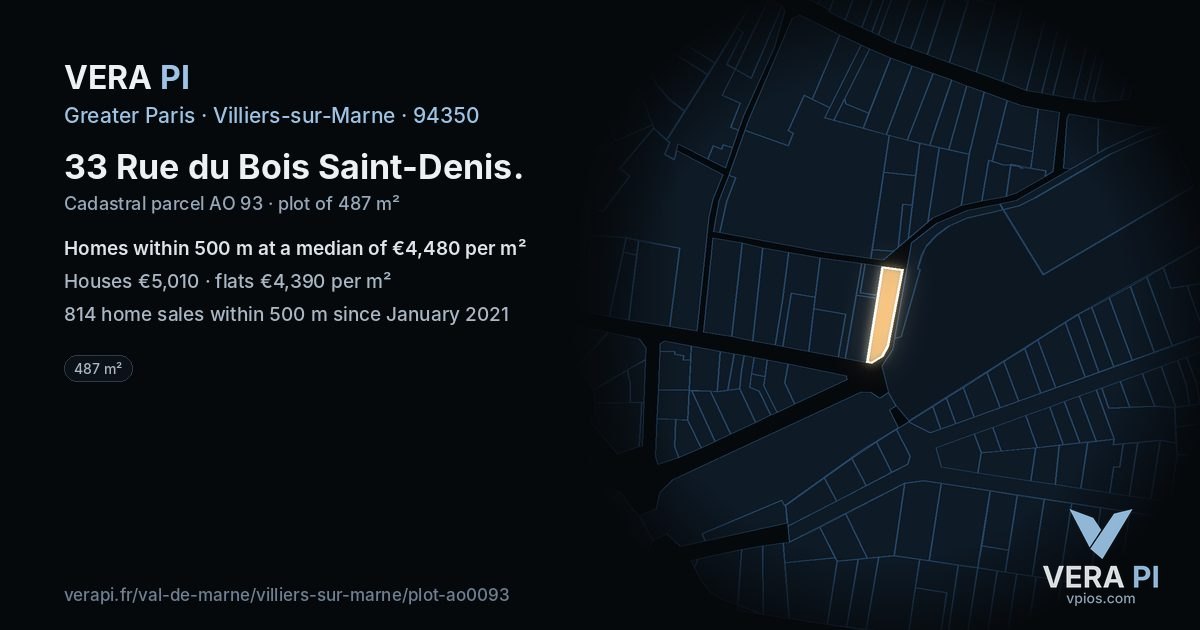 33 Rue du Bois Saint-Denis, Villiers-sur-Marne at night – the plot lit, the parcels around coloured by the prices near them