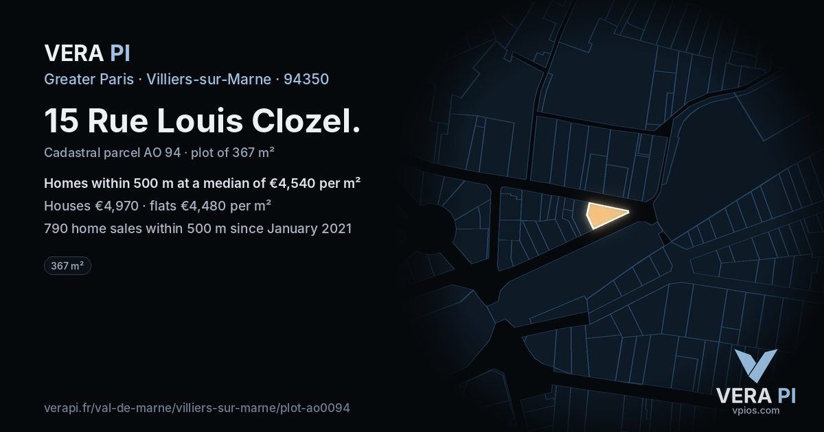 15 Rue Louis Clozel, Villiers-sur-Marne at night – the plot lit, the parcels around coloured by the prices near them