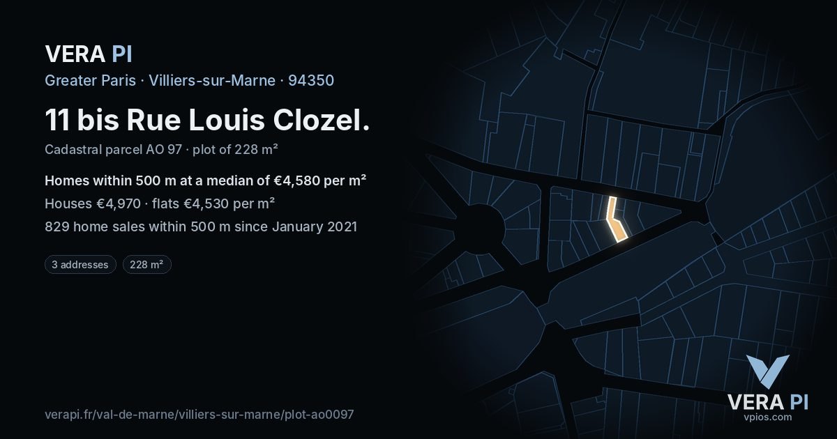 11 bis Rue Louis Clozel, Villiers-sur-Marne at night – the plot lit, the parcels around coloured by the prices near them
