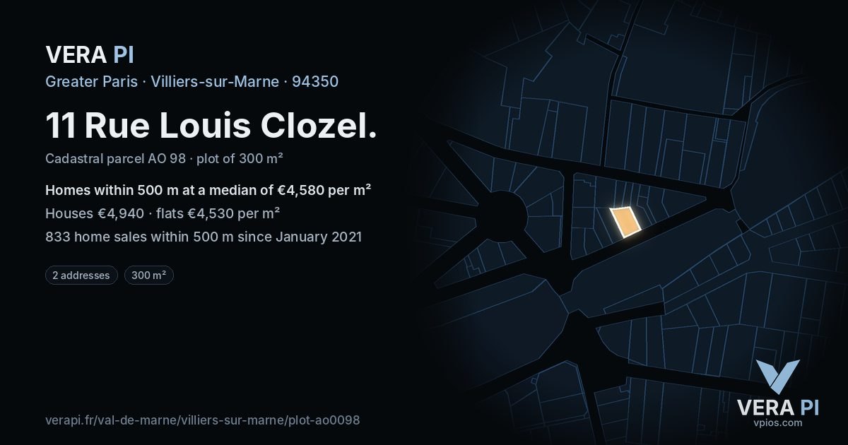 11 Rue Louis Clozel, Villiers-sur-Marne at night – the plot lit, the parcels around coloured by the prices near them