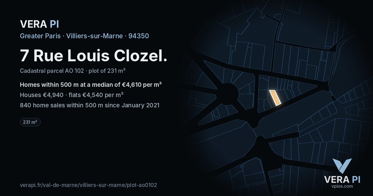 7 Rue Louis Clozel, Villiers-sur-Marne at night – the plot lit, the parcels around coloured by the prices near them