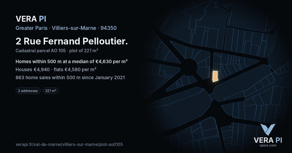 2 Rue Fernand Pelloutier, Villiers-sur-Marne at night – the plot lit, the parcels around coloured by the prices near them