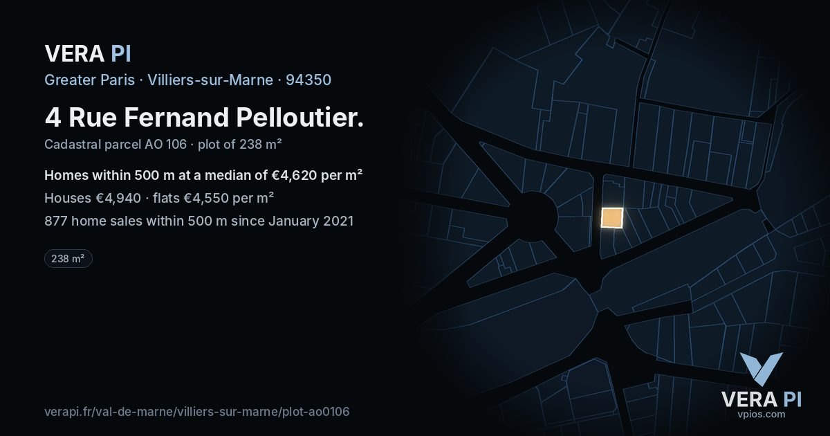 4 Rue Fernand Pelloutier, Villiers-sur-Marne at night – the plot lit, the parcels around coloured by the prices near them