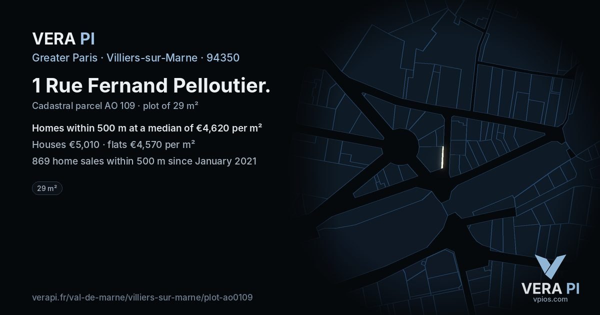1 Rue Fernand Pelloutier, Villiers-sur-Marne at night – the plot lit, the parcels around coloured by the prices near them