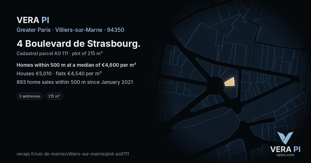 4 Boulevard de Strasbourg, Villiers-sur-Marne at night – the plot lit, the parcels around coloured by the prices near them