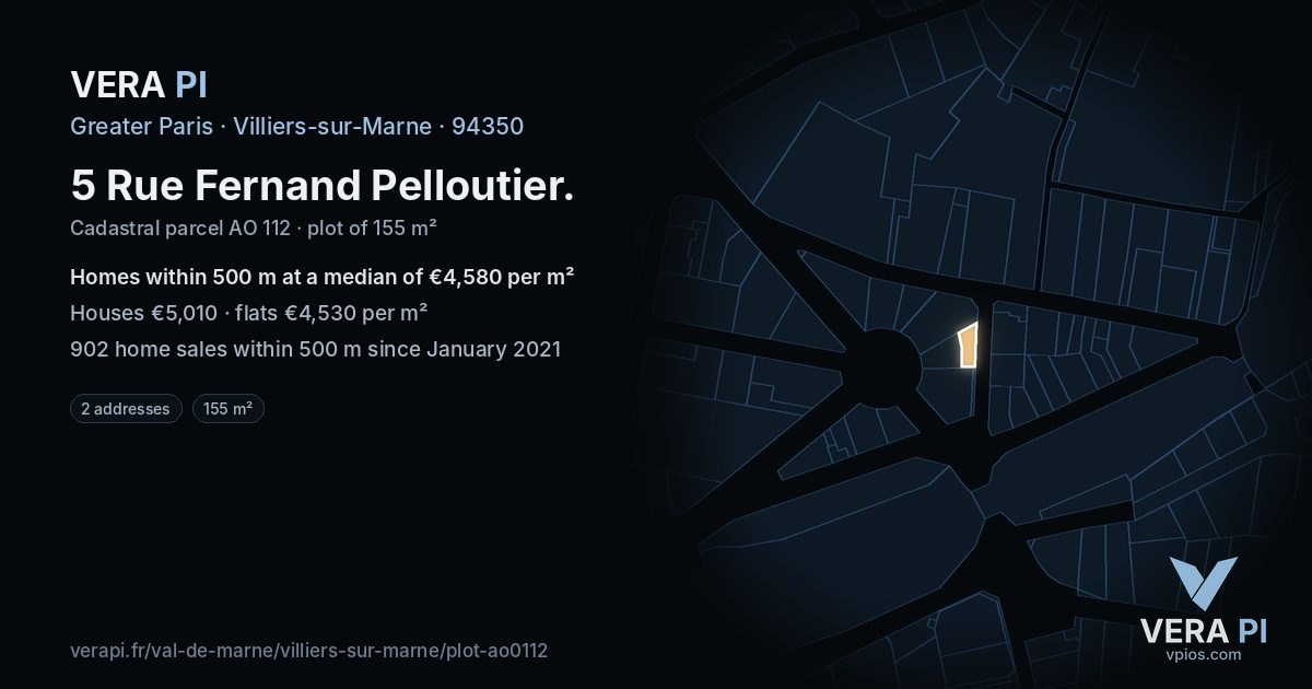 5 Rue Fernand Pelloutier, Villiers-sur-Marne at night – the plot lit, the parcels around coloured by the prices near them