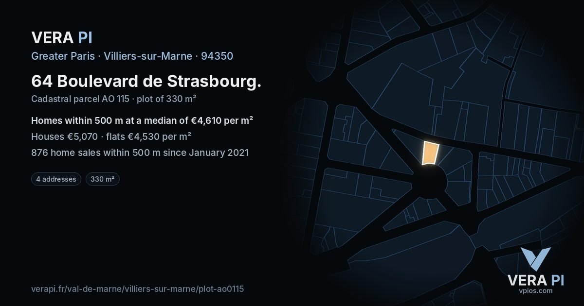 64 Boulevard de Strasbourg, Villiers-sur-Marne at night – the plot lit, the parcels around coloured by the prices near them