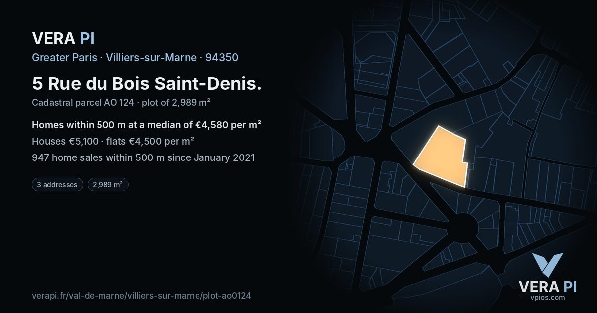 5 Rue du Bois Saint-Denis, Villiers-sur-Marne at night – the plot lit, the parcels around coloured by the prices near them
