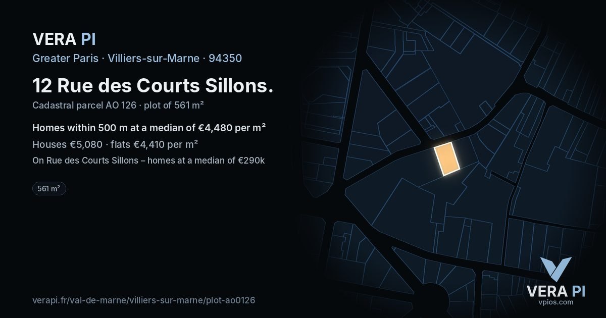 12 Rue des Courts Sillons, Villiers-sur-Marne at night – the plot lit, the parcels around coloured by the prices near them