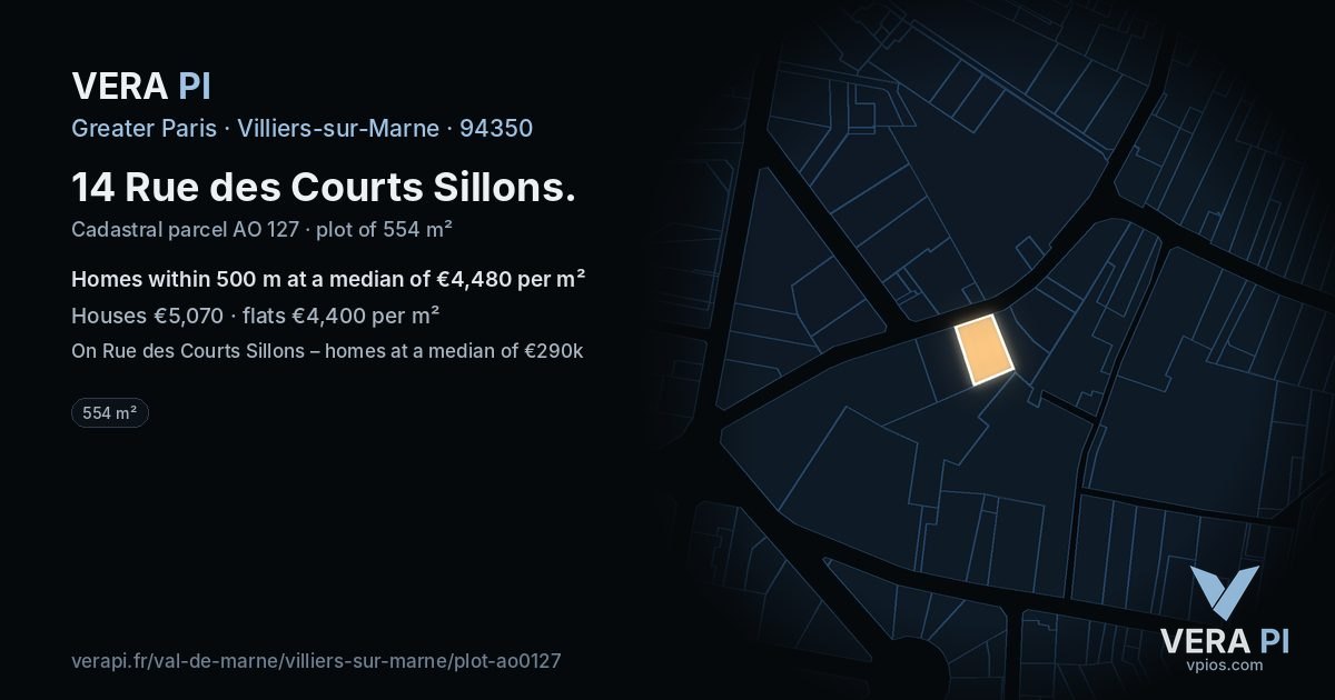 14 Rue des Courts Sillons, Villiers-sur-Marne at night – the plot lit, the parcels around coloured by the prices near them